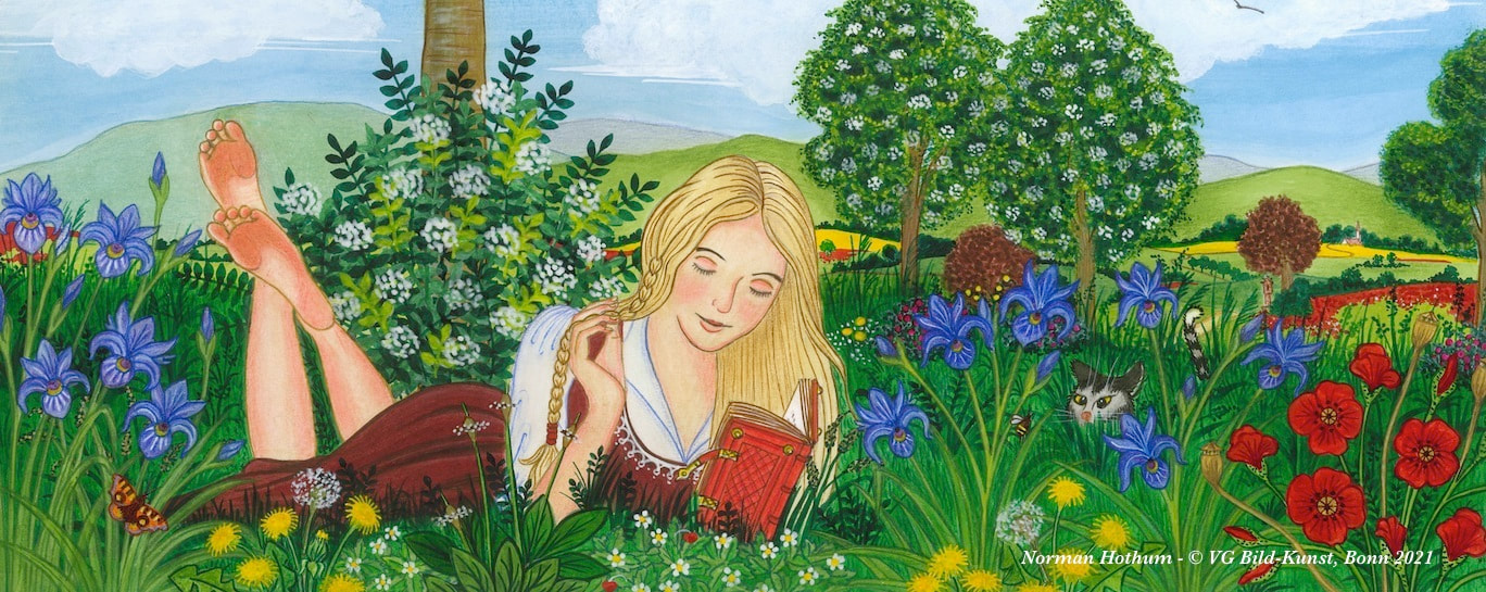 medieval illumination, calligraphy, landscape, flowers, barefooted girl, mittelalterliche Buchmalerei, Kalligrafie, Landschaft, Blumen, barfüßiges Mädchen,